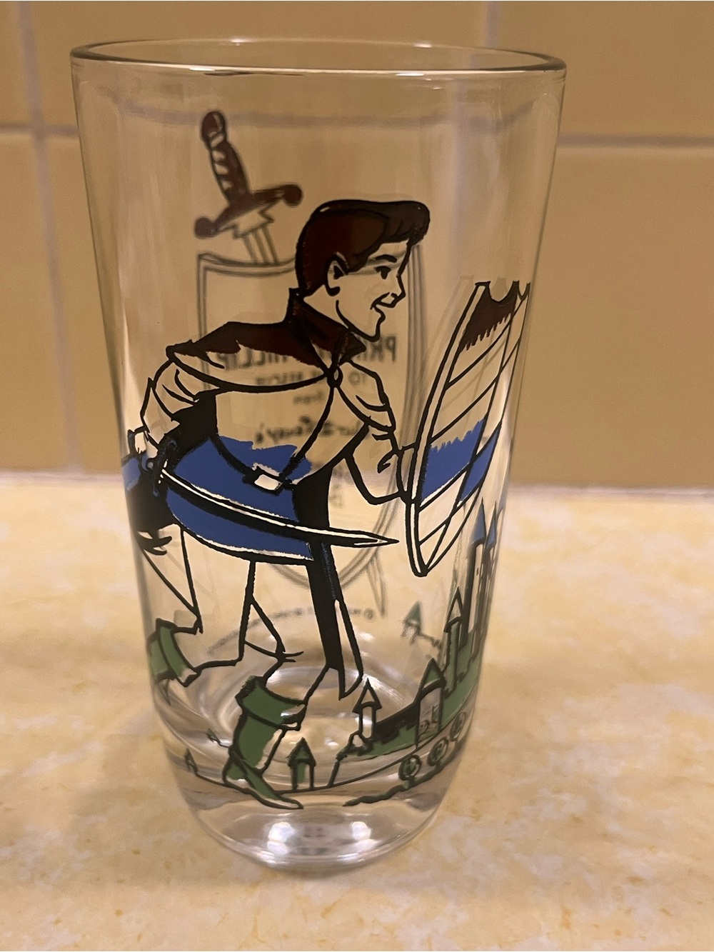 Disney Glass Tumbler with Blue, Green, Brown Knight Illustration